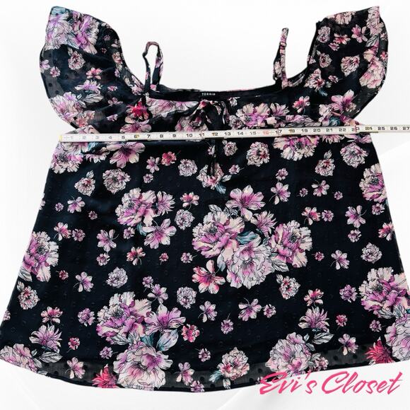 Torrid Black Pink Floral Chiffon Sz 18/20 Cold Shoulder Short Sleeve Top - Picture 8 of 9